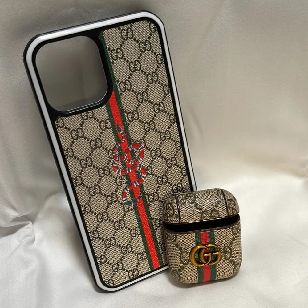 Gucci (fake) iphone 12promax phone case and matching airpod case